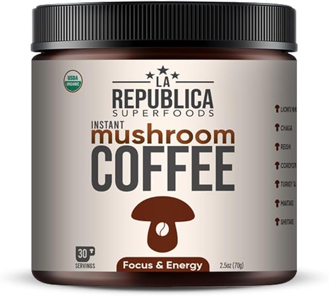 La Republica Organic Mushroom Coffee (30 Servings) Made with Full-Fruiting Bodies, Arabica Shade-Grown with Lion's Mane, Reishi, Chaga,Turkey Tail and More