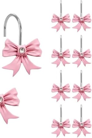 Decorative Shower Curtain Hooks Bow Tie Rust Resistant Hooks Glide Shower Ring Hangs Holder Bling for Bathroom, Pack of 12