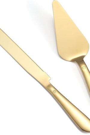 Cake Cutting Set for Wedding, Elegant Cake Knife and Server Set with Thickened Stainless Steel Rounded Edges, Cake Cutter Pie Spatula for Birthday Anniversary Christmas, 2 Pcs, Gold