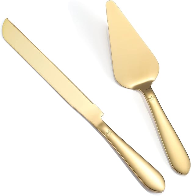 Cake Cutting Set for Wedding, Elegant Cake Knife and Server Set with Thickened Stainless Steel Rounded Edges, Cake Cutter Pie Spatula for Birthday Anniversary Christmas, 2 Pcs, Gold