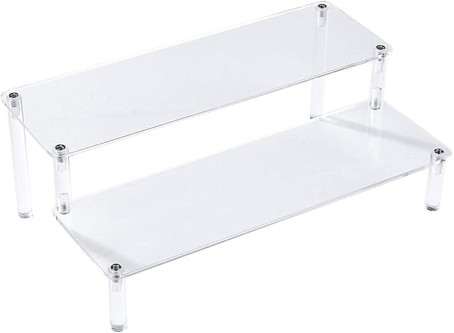 BYCY Acrylic Clear 2-Tier Riser Display Shelf for Figures, Desserts Holder, Collections Organizer and Cosmetic Items Shelf (12" x 6.9" x 4.25")