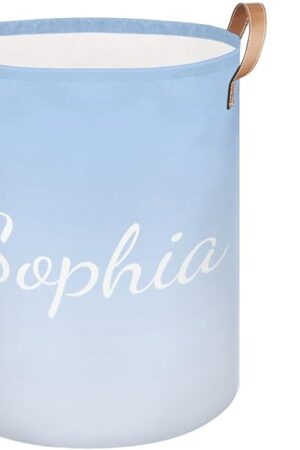 Custom Laundry Basket with Name, Personalized Baby Laundry Hamper for Bedroom Bathroom, Round Storage Basket with Handle for Men Women Blue White