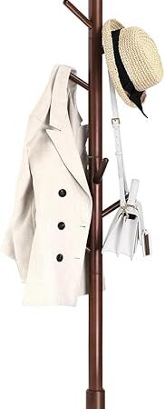VASAGLE Solid Wood Coat Rack, Free Standing Hall Coat Tree with 8 Hooks, 3 Height Options, for Coats, Hats, Bags, Purses, for Entryway, Hallway, Rubberwood Hooks and Pole, Dark Walnut URCR010W01