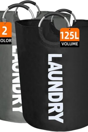 Collapsible Large Laundry Basket 125L, Laundry Bag Clothes Hamper, Folding Dirty Laundry Hamper Basket for Clothes Storage, Large Laundry Bin with Padded Handles 2 pack (Black+ Dark Grey)