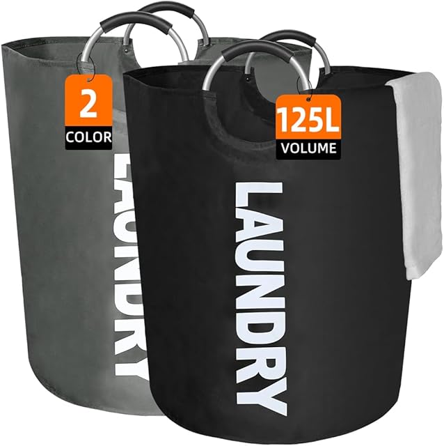 Collapsible Large Laundry Basket 125L, Laundry Bag Clothes Hamper, Folding Dirty Laundry Hamper Basket for Clothes Storage, Large Laundry Bin with Padded Handles 2 pack (Black+ Dark Grey)