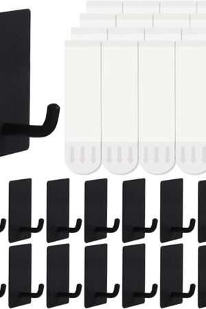 14 Pcs Towel Hooks with Removable Strips for Hanging, Adhesive Wall Heavy Duty, Outdoor No Damage, Sticky Hook for Bathrooms, Shower, Stockings, Decor, Robe, Small, Black 304 Stainless Steel