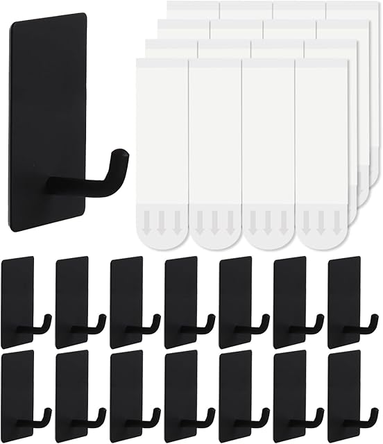 14 Pcs Towel Hooks with Removable Strips for Hanging, Adhesive Wall Heavy Duty, Outdoor No Damage, Sticky Hook for Bathrooms, Shower, Stockings, Decor, Robe, Small, Black 304 Stainless Steel