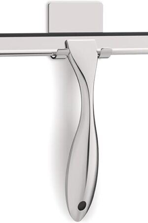All-Purpose Stainless Steel Shower Squeegee for Glass Doors with Adhesive Hooks, Squeegee for Shower Glass, Bathroom Household Cleaner Tool for Window Mirror Tile Wall Car, 10 Inch Silver