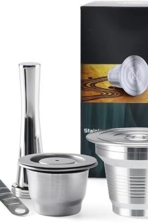 4 in 1 Reusable Stainless Steel Coffee Capsules Compatible with L'OR B arista LM8012/60 - Refillable Metal Espresso Pods for L'or and N-espresso Machines,Coffee Press and 304 Spoon Gifted