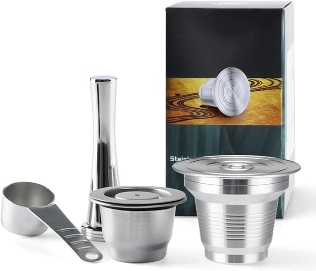 4 in 1 Reusable Stainless Steel Coffee Capsules Compatible with L'OR B arista LM8012/60 - Refillable Metal Espresso Pods for L'or and N-espresso Machines,Coffee Press and 304 Spoon Gifted