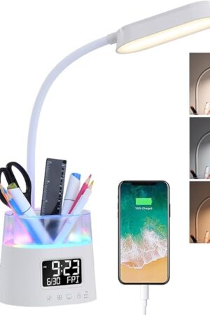 WILIT LED Desk Lamps for Home Office with Pen Holder, Table Lamp for Bedroom with USB Charging Port & Clock, RGB Night Light, Study Lamp for Kids Student, Desk Lamp for College Dorm Room Essentials