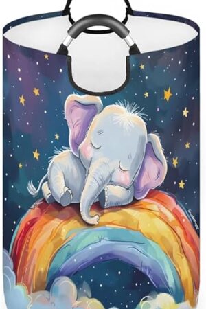 Cute Elephant Rainbow Laundry Basket with Padded Handles, Large Collapsible Laundry Bag, Waterproof Laundry Hamper, Dirty Clothes Hamper for Bathroom Dorm