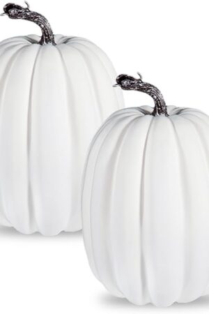 vensovo 2PCS 8 Inch White Plastic Pumpkins for Decorating – Large Artificial Foam Pumpkins for Fall Decor, Halloween, Thanksgiving, Paintable for DIY Crafts & Centerpieces