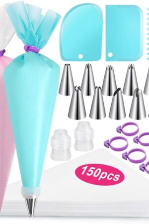 176PCS Piping Bags and Tips Set, Includes 150pcs 12 Inch Anti Burst Piping Bags, 1 Reusable Pastry Bags, 12 Piping Tips, 8 Icing Bags Ties, 3 Cake Scrapers and 2 Couplers