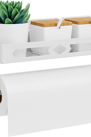 White Paper Towel Holder Wall Mount with Shelf - Adhesive Hand Towel Rack, Space-Saving for Bathroom, Kitchen, RV Camper