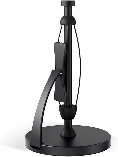 VEHHE Paper Towel Holder Countertop, Black Paper Towel Holder with Spring Activated Arm and Damping Effect, Simply Tear Paper Towel Stand for Bathroom and Kitchen (Black)