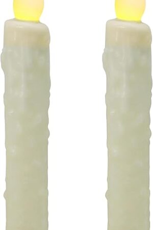 CVHOMEDECO. Real Wax Hand Dipped Battery Operated LED Timer Taper Candles Country Primitive Flameless Lights Décor, 6-3/4 Inch, Ivory, 2 PCS in a Package