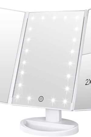 WEILY Makeup Mirror with 21 LED Lights,Two Power Supply Modes, Adjustable Touch Screen and 1x/2x/3x Magnification Tri-Fold Vanity Mirror,Chargeable Travel Cosmetic Mirror for Desktop(White)