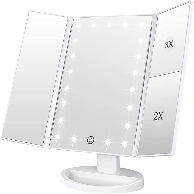 WEILY Makeup Mirror with 21 LED Lights,Two Power Supply Modes, Adjustable Touch Screen and 1x/2x/3x Magnification Tri-Fold Vanity Mirror,Chargeable Travel Cosmetic Mirror for Desktop(White)
