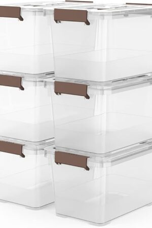 WYT 6-Pack Clear 7 Quart Storage Latch Box/Bins, Plastic Stackable Latching Box with Brown Handle and Lid, Multi-Purpose, 7 Litre