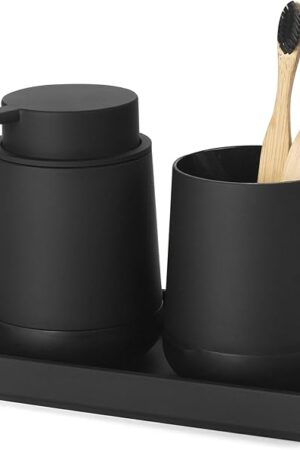 Black Bathroom Countertop Accessories Set - Soap Dispenser and Toothbrush Holder with Silicone Boot,Vanity Tray (Black Liquid)