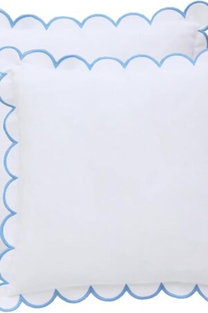 BEBE BASK Scalloped Pillow Cover - Set of 2-18 x 18 Inch - Scallop Pillow Cover – White and Blue Scalloped Pillows - Scallop Pillows - 100% Cotton - Grandmillennial Style (White/Blue)
