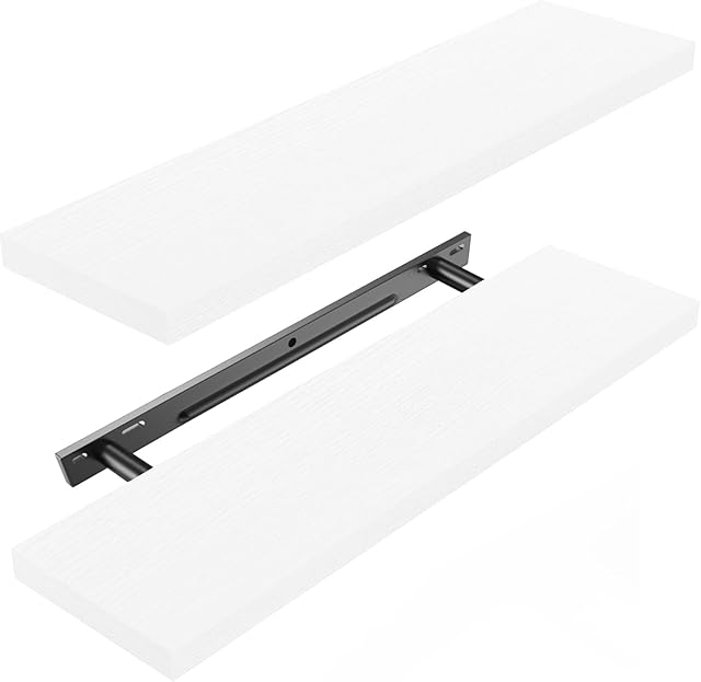 Amada HOMEFURNISHING Floating Shelves Large, 24 x 7 Inch Wall Shelves for Bathroom, Bedroom, Kitchen, Shelves for Wall Decor Set of 2, White - AMFS06