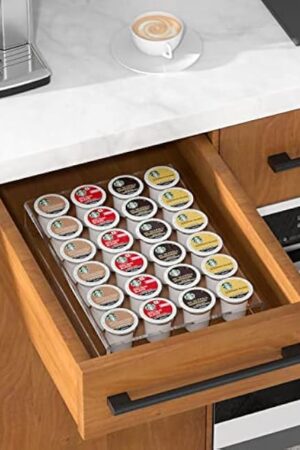 AITEE Acrylic K Cup Drawer Organizer, Clear K Cup Organizer Tray for Drawer or Countertop Storage, Hold 24 Coffee Capsules,K Cup Coffee Pod Holder for Office and Kitchen K Cup Storage (9.6x13.2Inches)