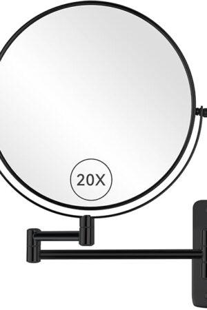 8? Wall Mount Makeup Mirror with 20X Magnification, Double Sided Shaving Mirror Wall Mounted for Bathroom, 360ยฐSwivel Extendable Vanity Mirror with Adjustable Arm for Daily Use, Black