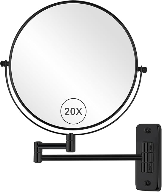 8? Wall Mount Makeup Mirror with 20X Magnification, Double Sided Shaving Mirror Wall Mounted for Bathroom, 360°Swivel Extendable Vanity Mirror with Adjustable Arm for Daily Use, Black