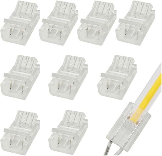 2-Pin 8mm COB Strip to Wire Connector Unwired Clips Solderless Adapter Terminal Extension Connection for High Density LED Strips Lights 12V 24V (Pack of 10)