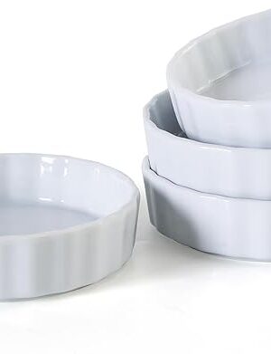 6oz Creme Brulee Ramekins Set of 4 - Ceramic Baking Dishes, Non-Stick Porcelain Pie Dish, Wave Round Baking Dish for Dessert, Pie, Tart, Souffles, Appetizers, Oven and Dishwasher Safe