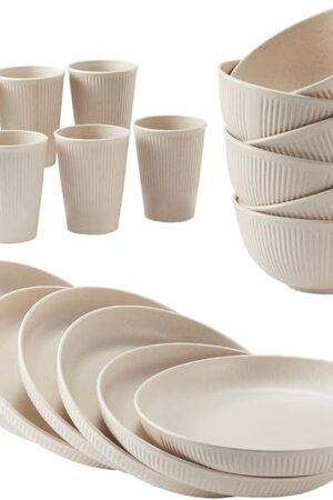 18pcs Wheat Straw Dinnerware Sets HXYPN Unbreakable Reusable Dinnerware Set Kitchen Cups Plates and Bowls Sets Dishwasher Microwave Safe Plates