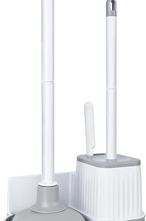 BOOMJOY Toilet Brush and Plunger Set with Crevice Cleaning Brush, White Plunger and Brush Combo with Hidden Holder, Bathroom Plunger and Toilet Bowl Brush Set Heavy Duty