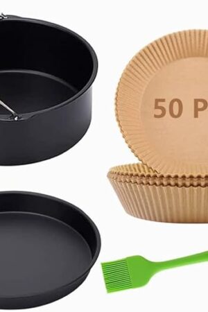 Air Fryer Accessories,7 inch Cake Barrel,Pizza Pan,50 Pcs Baking Paper and Silicone Brush for Ninja Gowise Cosori Phillips Cozyna Gourmia Zeny,