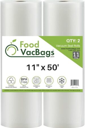 2 Rolls 11-Inch-by-50-Foot FoodVacBags Vacuum Seal Bags, Food Sealer Bags, Compatible with Foodsaver, Embossed Commercial Grade, Make Own Size for Sous Vide or Food Storage (100 Feet)