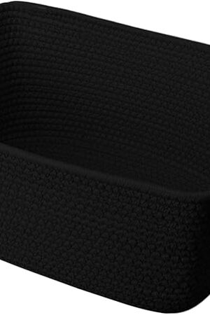 Cotton Woven Basket with Handles,Small Cotton Rope Basket, Shelves Closet Storage Basket with Handles, 14.17" x 7.87" x 7.09" Rectangle Storage Basket for Laundry Room, Bathroom, Black