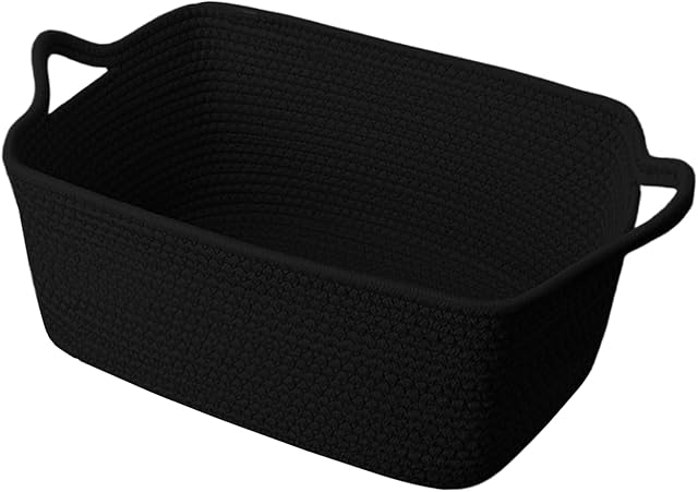 Cotton Woven Basket with Handles,Small Cotton Rope Basket, Shelves Closet Storage Basket with Handles, 14.17" x 7.87" x 7.09" Rectangle Storage Basket for Laundry Room, Bathroom, Black