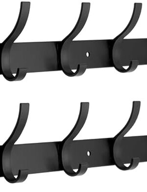 Coat Rack Wall Mounted,6 Coat Hooks for Hanging Coats,Metal Double Hook Rack Hook Rail,Coat Rack with Hooks,Wall Mount Coat Hanger for Hat Towel Purse Robes (2 Pack Black, 6 Hooks)