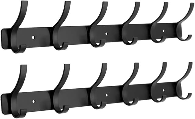Coat Rack Wall Mounted,6 Coat Hooks for Hanging Coats,Metal Double Hook Rack Hook Rail,Coat Rack with Hooks,Wall Mount Coat Hanger for Hat Towel Purse Robes (2 Pack Black, 6 Hooks)