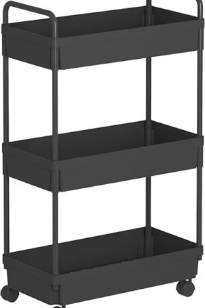 Buzowruil Rolling Storage Cart 3 Tier Organizer Mobile Shelving Unit Storage Rolling Utility Cart with Wheels for Kitchen Bathroom Laundry,Black