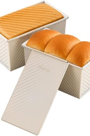 1Lb White Pullman Loaf Pan with Lid, Gluten Free Bread Pan, Sandwich Bread Loaf Pan, Pull Bread Pan, Carbon Steel Non-Stick Corrugated Bakeware, Toast Box Mold with Cover for Professional Baking