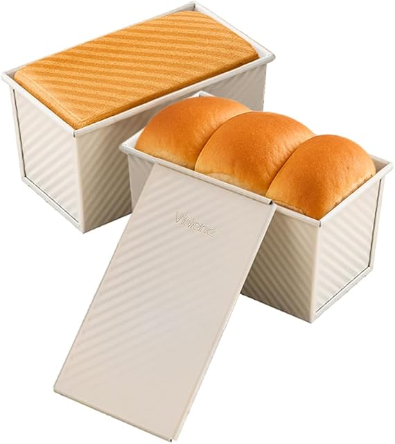 1Lb White Pullman Loaf Pan with Lid, Gluten Free Bread Pan, Sandwich Bread Loaf Pan, Pull Bread Pan, Carbon Steel Non-Stick Corrugated Bakeware, Toast Box Mold with Cover for Professional Baking