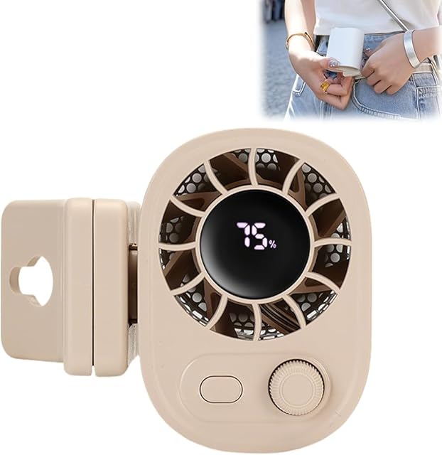 Car Clip On Fan with LED Display, 2025 New 100 Speeds Portable Rechargeable Personal Fan, Strong Clamp & 360° Rotation Clip On Fans for Cars, Work, Camping, Travel (Beige)