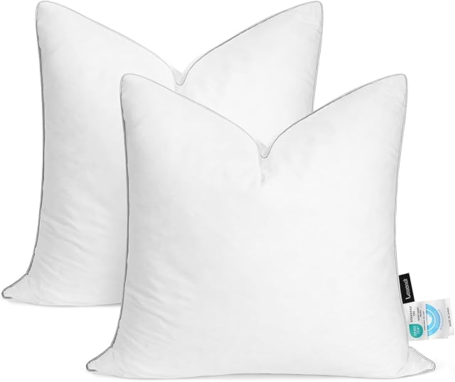 18x18 inch Pillow Insert Set of 2, Down and Feather Throw Pillow Inserts Premium Soft Fluffy with Piping Edge, 100% Down-Proof Square Pillow Insert for Living Room Sofa Couch Bed, White