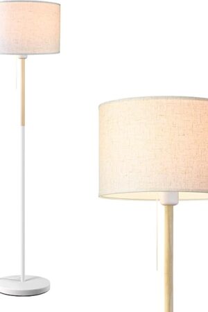 Bedroom Floor Lamp Farmhouse Floor Lamps for Living Room Mid-Century Pole Lamp Linen Lamp Shade, Standing Tall Lamps for Bedrooms and Office (White)