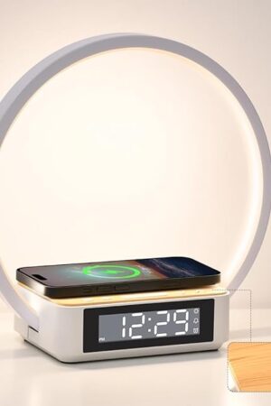 WILIT Bedside Lamp with Alarm Clock,Touch Lamp with Wireless Charger,Nightlight for Bedroom,Sunrise Wake-up Light,3-Grade Dimmable,Birthday Gifts for Her,Women,Men,Mom,Daughter,Girlfriend(Wood Grain)