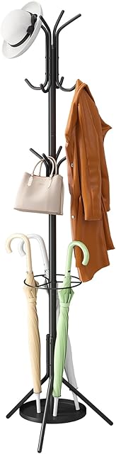 Coat Rack Freestanding,Entryway Hanger Stand,Umbrella Holder,Hall Tree With 12 Hooks, Floor Standing Metal Tree Stand,Black