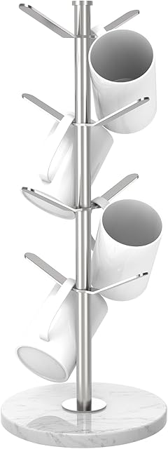 Stainless Steel Marble Mug Holder Tree Silver 8 Hooks