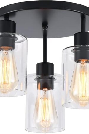3-Light Industrial Farmhouse Black Matte Light Fixtures Ceiling Mount, with Clear Glass Shades Semi Flush Mount Ceiling Light, for Hallway Fixtures Kitchen, Foyer